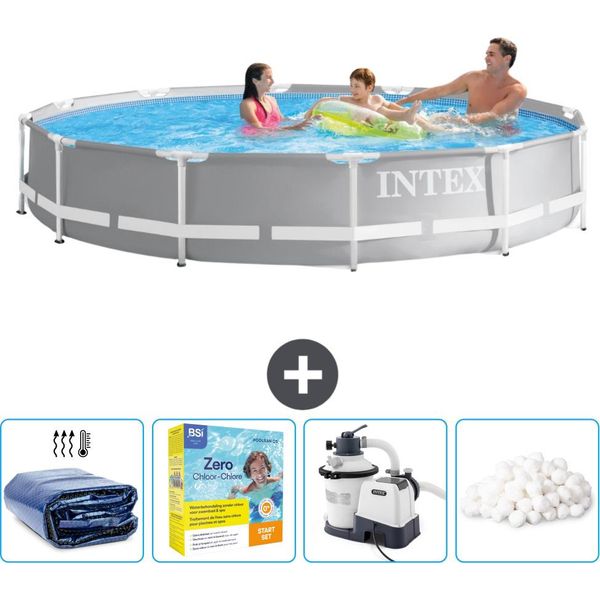 Piscina Intex Con Struttura A Prisma Rotondo - 366 X 76 Cm - Grigio - Include Tenda Da Sole - Pacchetto Manutenzione - Pompa Filtro Per Piscina - Sfere Filtranti-image