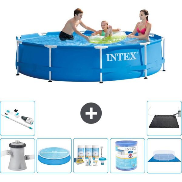 Piscina Intex Con Struttura Rotonda - 305 X 76 Cm - Blu - Pompa Inclusa - Tenda Da Sole - Pacchetto Manutenzione - Filtro - Telo Di Fondo - Aspirapolvere - Tappeto Solare-image