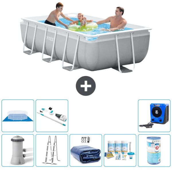 Piscina Intex Rettangolare Con Struttura A Prisma - 300 X 175 X 80 Cm - Grigio - Pompa Inclusa - Tenda A Scaletta - Pacchetto Manutenzione - Filtro - Telo Di Fondo - Aspirapolvere - Pompa Di Calore-image