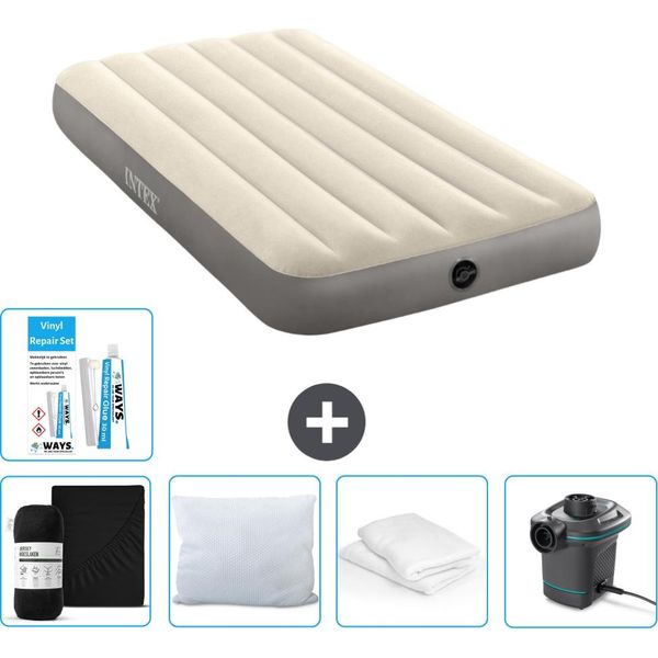 Intex Airbed - 1 Persona - 99 X 191 X 25 Cm - Beige - Lenzuolo Incluso - Bacio - Pompa - Kit Di Riparazione E Protezione Per Cuscini-image