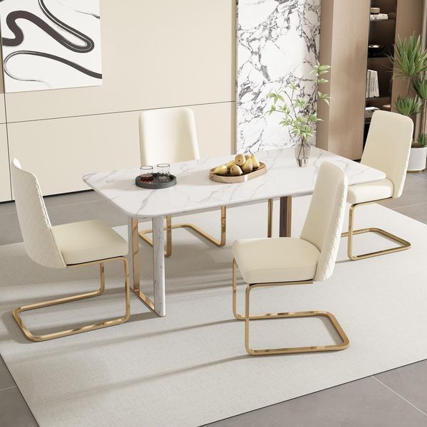 Set Di 4 Sedie A Sbalzo Flieks, Sedie Per Sala Da Pranzo Con Gambe In Metallo Dorato, Sedie Imbottite Con Rivestimento In Velluto, Sedie Da Cucina Sedie Da Soggiorno, Beige-image