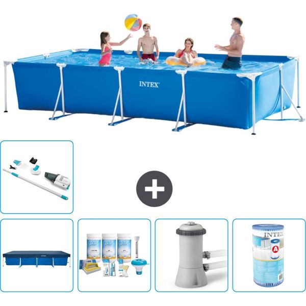 Piscina Intex Con Struttura Rettangolare - 450 X 220 X 84 Cm - Blu - Include Copertura - Pacchetto Manutenzione - Pompa Filtro Per Piscina - Filtro - Aspirafango-image