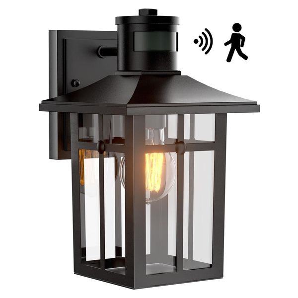S'afielina Lampada Da Esterno Con Rilevatore Di Movimento, IP44, Lampada Da Parete E27 Per Terrazza, Parete Di Casa, Luce Esterna Nera, 1 Pezzo-image