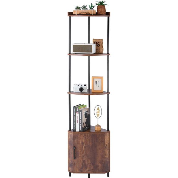 Vevor Scaffale Angolare A 5 Livelli, Supporto Angolare Con Luce Led E Porte, Scaffale Espositivo Con Struttura In Metallo E Ripiani In Legno, Scaffale Espositivo In Piedi Per Camera Da Letto, Soggiorno, Ufficio, Marrone-image