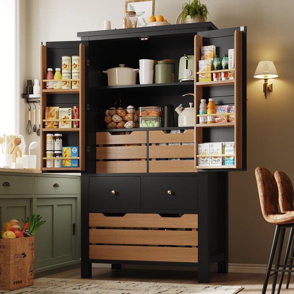 Mobile Da Cucina Alto 140 Cm, Mobile Buffet Con 2 Ante E 5 Cassetti, Mobile Multiuso Nero, Mobile Credenza Con Protezione Antiribaltamento, 80X40Cm-image