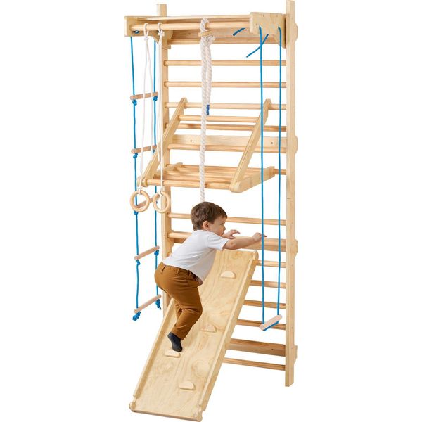 Vevor Parete Scala Svedese, 8 In 1 Struttura Da Arrampicata Per Interni A 15 Gradini, Set Da Gioco Per Arrampicata Con Parete Barra Portante Da 100 Kg Con Scala A Muro Tavola Scivolo Pull-Up Barra Ginnica Anelli Altalena Sedile Scala Corda-image