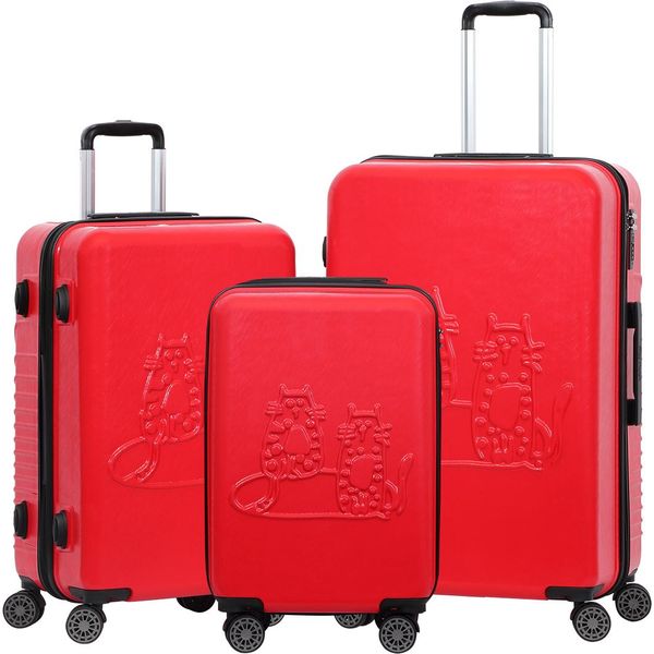 Biggdesign Cats Set Di Valigie A Guscio Duro | Borsa Da Viaggio Con Ruote | Valigia Con Chiusura A Combinazione | 4 Ruote Doppie | Girevole A 360 Gradi | Set Di Valigie A Guscio Duro Da 3 Pezzi | Leggero | Rosso-image