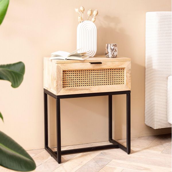 Consolle Da Letto In Legno Massiccio Mango / Rattan 50X60X30 Cm Comodino Marrone | Wohnling-image