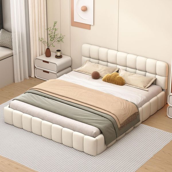 Letto Imbottito Proximax 140X190 Cm - Letto Matrimoniale Con Rete A Doghe, Testata E Sponde Imbottite, Lino, Beige-image