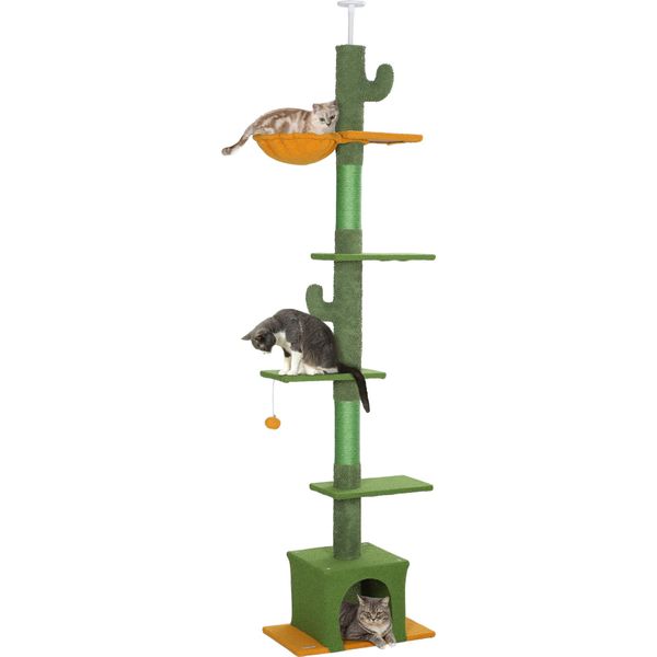 Pawhut Tiragraffi A Soffitto, Albero Per Gatti, Tiragraffi Per Gatti Da 230-275 Cm Con Grotta Per Gatti, Tiragraffi, Palla Da Gioco, Mobili Per Gatti Con Protezione Antiribaltamento, Verde-image