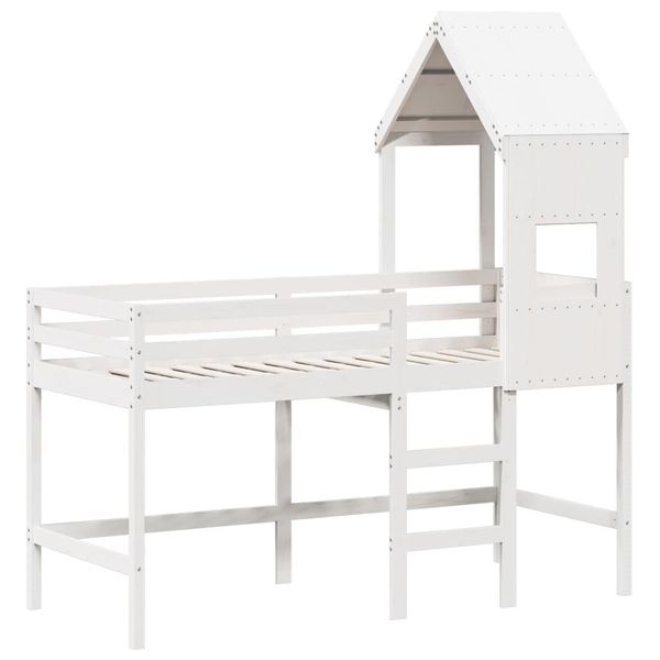 Syfax™ Letto Soppalco Con Scala E Tetto Bianco 90X190 Cm Massello Pino-image