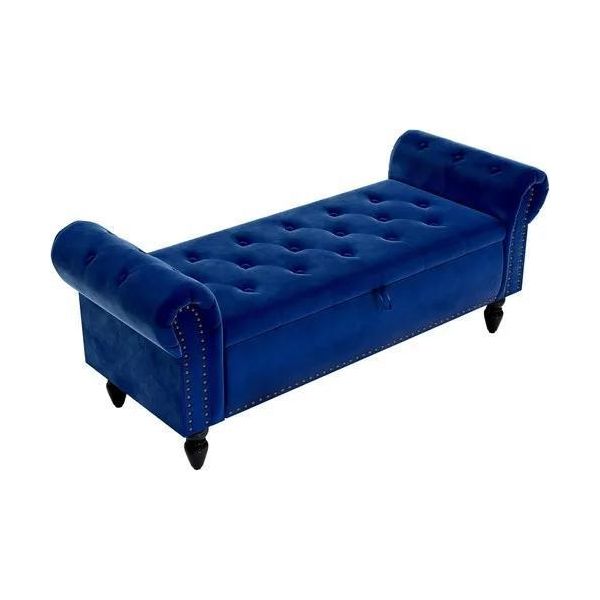 Pouf Contenitore - Panca Da Letto - 133 Cm - Rivestito In Velluto - Spazio Nascosto - Seduta Trapuntata - Camera Da Letto E Corridoio - Blu-image