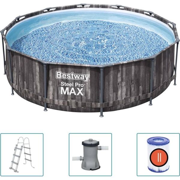 Bestway® Steel Pro Max™ Set Per Piscina A Telaio Con Pompa Filtro Ø 366 X 100 Cm, Effetto Legno (Rovere Di Palude), Rotondo-image