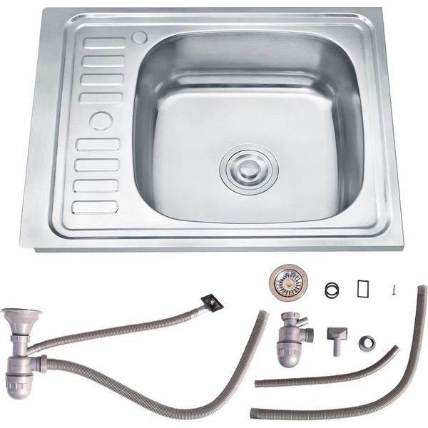 Lavello Da Incasso In Acciaio Inox 58X45 Cm Con Vasca Rotonda A Destra, Sgocciolatoio A Sinistra E Sifone-image