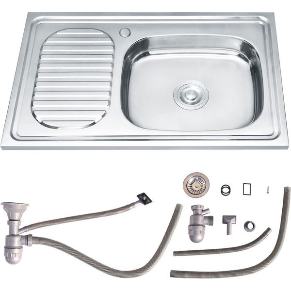 Lavello Da Incasso In Acciaio Inox 75X45 Cm Con Vasca Rotonda A Destra, Sgocciolatoio A Sinistra E Sifone-image