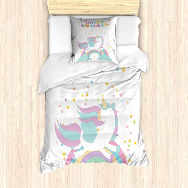 Abakuhaus Set Copripiumino Unicorn Party Per Letti Singoli, Cavallo Con Arcobaleno, Antiacaro, Adatto A Chi Soffre Di Allergie, Con Federa, 135 Cm X 200 Cm - 80 X 80 Cm, Multicolore-image