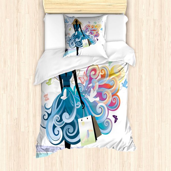 Abakuhaus Set Copripiumino Contemporaneo Per Letti Singoli, Shopping Woman Art, Antiacaro, Adatto A Chi Soffre Di Allergie, Con Federa, 135 Cm X 200 Cm - 80 X 80 Cm, Multicolore-image