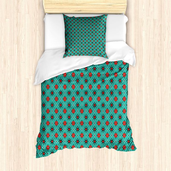 Abakuhaus Set Copripiumino Astratto Per Letti Singoli, Motivi Geometrici Retrò, Antiacaro, Adatto A Chi Soffre Di Allergie, Con Federa, 135 Cm X 200 Cm - 80 X 80 Cm, Vermiglio Turchese-image