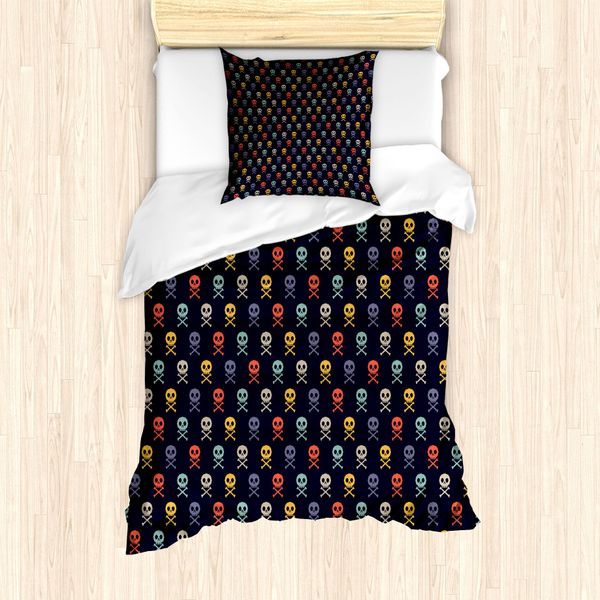 Abakuhaus Set Copripiumino Pixel Art Per Letti Singoli, Teschi Con Ossa, Antiacaro, Adatto A Chi Soffre Di Allergie, Con Federa, 135 Cm X 200 Cm - 80 X 80 Cm, Multicolore-image