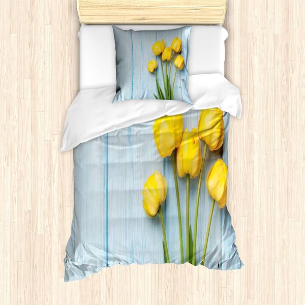 Abakuhaus Set Copripiumino Tulipano, Fiori Gialli Su Sfondo Rustico In Legno Antico - Tema Romantico Di San Valentino, 135 X 200 Cm + 80 X 80 Cm, Giallo Verde Azzurro-image