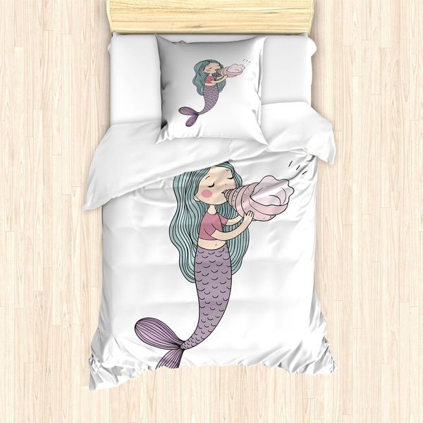 Abakuhaus Set Copripiumino Sirena, Personaggio Fiabesco Con Una Conchiglia Mitologica, Gioie Sottomarine Dell'infanzia, 135 X 200 Cm + 80 X 80 Cm, Multicolore-image