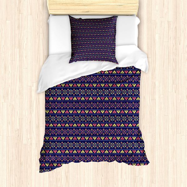 Abakuhaus Set Copripiumino Tribale Per Letti Singoli, Motivo Geometrico, Antiacaro, Adatto A Chi Soffre Di Allergie, Con Federa, 135 Cm X 200 Cm - 80 X 80 Cm, Corallo Scuro Blu Scuro-image
