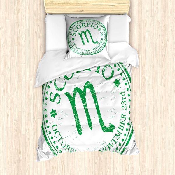 Abakuhaus Set Copripiumino Per Letto Singolo Con Motivo Zodiacale Scorpione, Stampa Zodiac, Antiacaro E Anallergico, Con Federa, 135 Cm X 200 Cm - 80 X 80 Cm, Verde Felce E Bianco-image