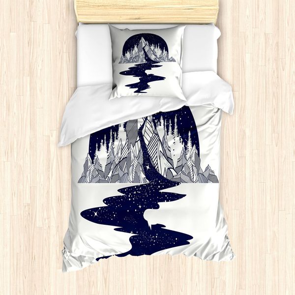 Abakuhaus Set Copripiumino Blu E Bianco Per Letti Singoli, Mountain River, Antiacaro, Adatto A Chi Soffre Di Allergie, Con Federa, 135 Cm X 200 Cm - 80 X 80 Cm, Blu Scuro E Bianco-image