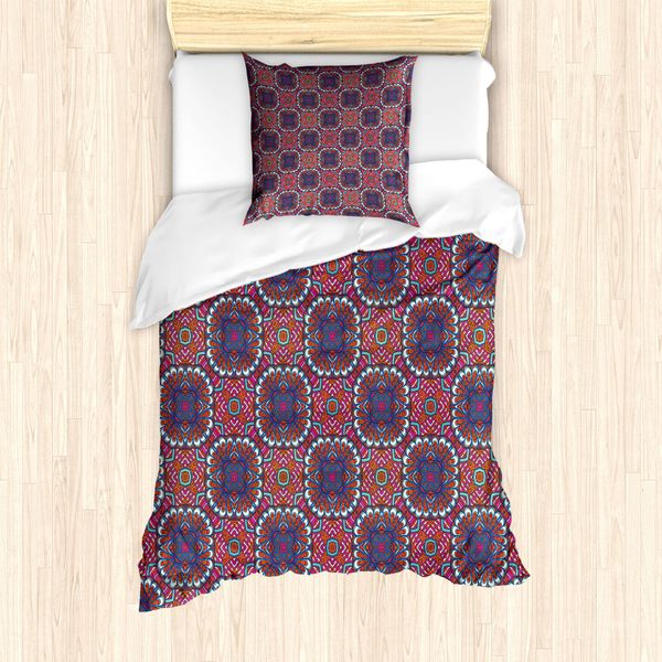 Abakuhaus Set Copripiumino Etnico Per Letti Singoli, Fiori Tibetani, Antiacaro, Adatto A Chi Soffre Di Allergie, Con Federa, 135 Cm X 200 Cm - 80 X 80 Cm, Multicolore-image