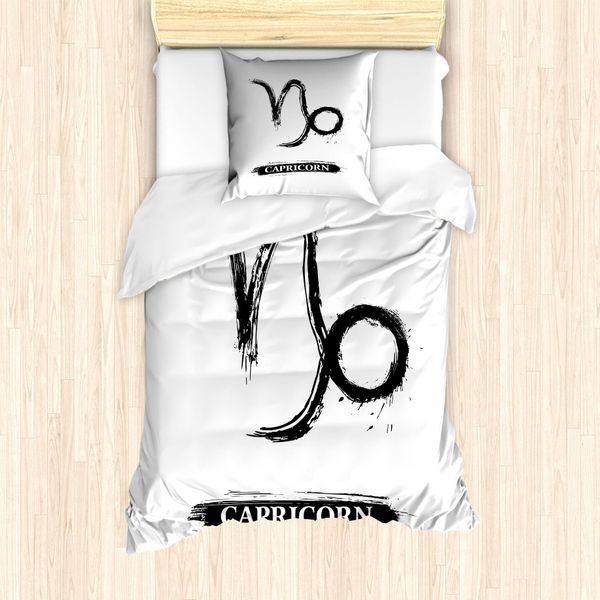 Abakuhaus Segno Zodiacale Capricorno Set Copripiumino Per Letti Singoli, Inchiostro, Antiacaro, Adatto A Chi Soffre Di Allergie, Con Federa, 135 Cm X 200 Cm - 80 X 80 Cm, Bianco E Nero-image