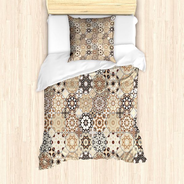 Abakuhaus Set Copripiumino Orientale Per Letti Singoli, Stile Retrò Ottagonale, Antiacaro, Adatto A Chi Soffre Di Allergie, Con Federa, 135 Cm X 200 Cm - 80 X 80 Cm, Marrone Scuro Marrone Chiaro-image