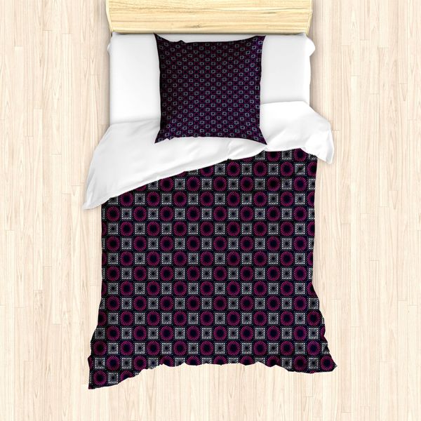 Abakuhaus Set Copripiumino Geometrico Per Letti Singoli, Quadrati-Cerchi-Punti, Antiacaro, Adatto A Chi Soffre Di Allergie, Con Federa, 135 Cm X 200 Cm - 80 X 80 Cm, Indaco Rosa Grigio Chiaro-image