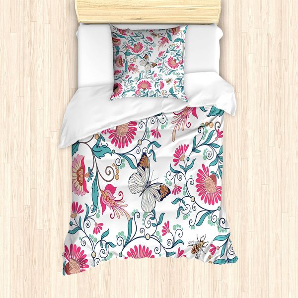 Abakuhaus Set Copripiumino Per Letto Singolo, Motivo Floreale Vintage Con Insetti, Antiacaro, Adatto A Chi Soffre Di Allergie, Con Federa, 135 Cm X 200 Cm - 80 X 80 Cm, Multicolore-image