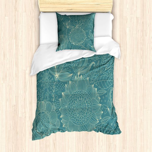 Set Copripiumino Abakuhaus Per Letti Singoli, Motivo Floreale Nostalgico, Antiacaro, Adatto A Chi Soffre Di Allergie, Con Federa, 135 Cm X 200 Cm - 80 X 80 Cm, Verde Acqua E Avorio-image
