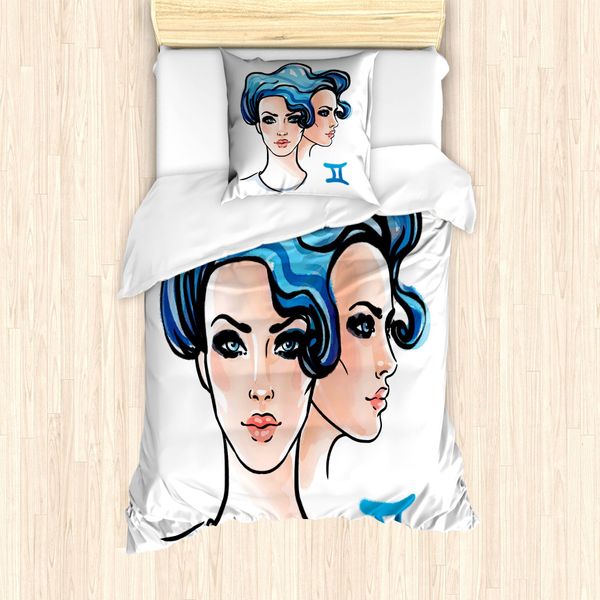 Abakuhaus Segno Zodiacale Gemelli Set Copripiumino Per Letti Singoli, Acquerello Donne, Antiacaro, Adatto A Chi Soffre Di Allergie, Con Federa, 135 Cm X 200 Cm - 80 X 80 Cm, Pesca Chiaro-Nero-image