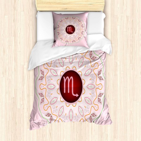 Abakuhaus Set Copripiumino Zodiaco Scorpione, Motivo Astrologico Su Un Mandala Orientale Decorato Con Sfondo Rosa, 135 X 200 Cm + 80 X 80 Cm, Multicolore-image