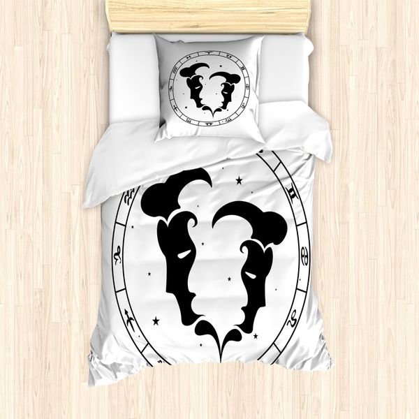 Abakuhaus Segno Zodiacale Gemelli Set Copripiumino Per Letti Singoli, Ritratti Maschili, Antiacaro, Adatto A Chi Soffre Di Allergie, Con Federa, 135 Cm X 200 Cm - 80 X 80 Cm, Bianco E Nero-image