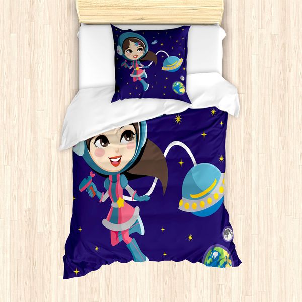 Set Copripiumino Retrò Abakuhaus Per Letti Singoli, Bambina Nello Spazio, Antiacaro, Adatto A Chi Soffre Di Allergie, Con Federa, 135 Cm X 200 Cm - 80 X 80 Cm, Multicolore-image
