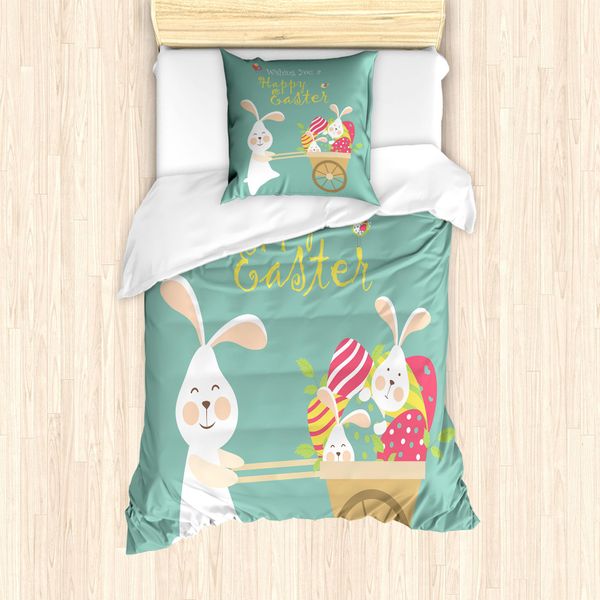 Abakuhaus Set Copripiumino Pasquale Per Letti Singoli, Coniglietto Sorridente E Uova, Antiacaro, Adatto A Chi Soffre Di Allergie, Con Federa, 135 Cm X 200 Cm - 80 X 80 Cm, Multicolore-image