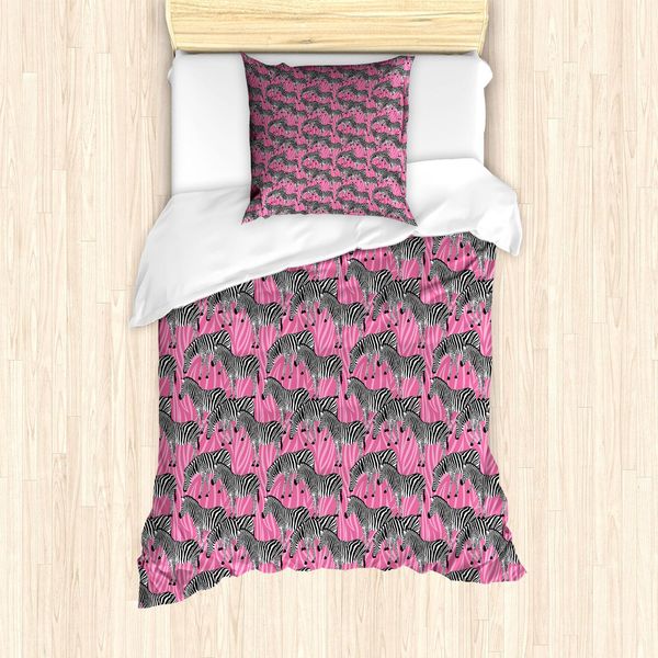 Abakuhaus Set Copripiumino Rosa Zebrato, Motivo Zebrato Animali Selvatici Hippie Indie Stilizzato Tonalità Tropicali Pastello, 135 X 200 Cm + 80 X 80 Cm, Bianco Nero Rosa-image