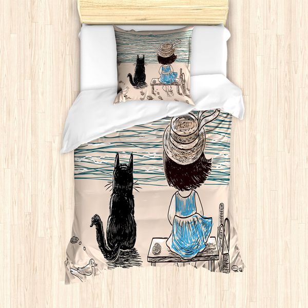 Abakuhaus Set Copripiumino Per Letto Singolo, Bambina Con Gatto, Antiacaro, Adatto A Chi Soffre Di Allergie, Con Federa, 135 Cm X 200 Cm - 80 X 80 Cm, Multicolore-image