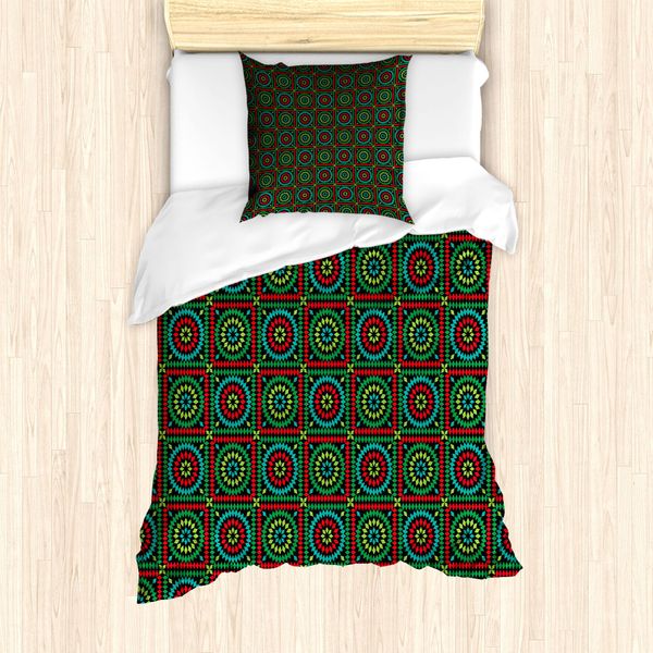 Abakuhaus Set Copripiumino Afgano Per Letti Singoli, Cerchi E Quadrati, Antiacaro, Adatto A Chi Soffre Di Allergie, Con Federa, 135 Cm X 200 Cm - 80 X 80 Cm, Multicolore-image