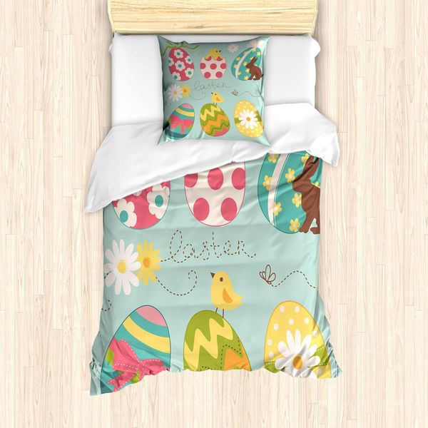 Abakuhaus Set Copripiumino Pasquale, Uova Di Pasqua Con Motivi Floreali A Zig Zag E Pois Colorati, 135 X 200 Cm + 80 X 80 Cm, Multicolore-image