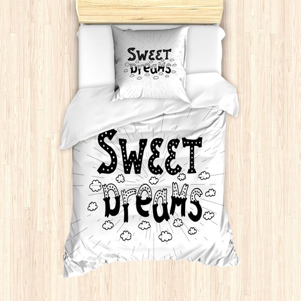 Abakuhaus Set Copripiumino Per Letto Singolo, Motivo Retrò Con Parole E Nuvole, Antiacaro E Anallergico, Con Federa, 135 Cm X 200 Cm - 80 X 80 Cm, Bianco E Nero-image
