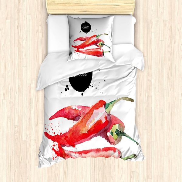 Abakuhaus Set Copripiumino, Illustrazione Acquerellata A Mano Degli Ingredienti Piccanti Del Peperoncino, 135 X 200 Cm + 80 X 80 Cm, Verde Felce Rosso Cinabro-image