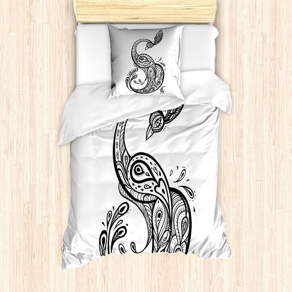 Abakuhaus Set Copripiumino Etnico Per Letti Singoli, Oriental Peacock, Antiacaro E Anallergico Con Federa, 135 Cm X 200 Cm - 80 X 80 Cm, Bianco E Nero-image