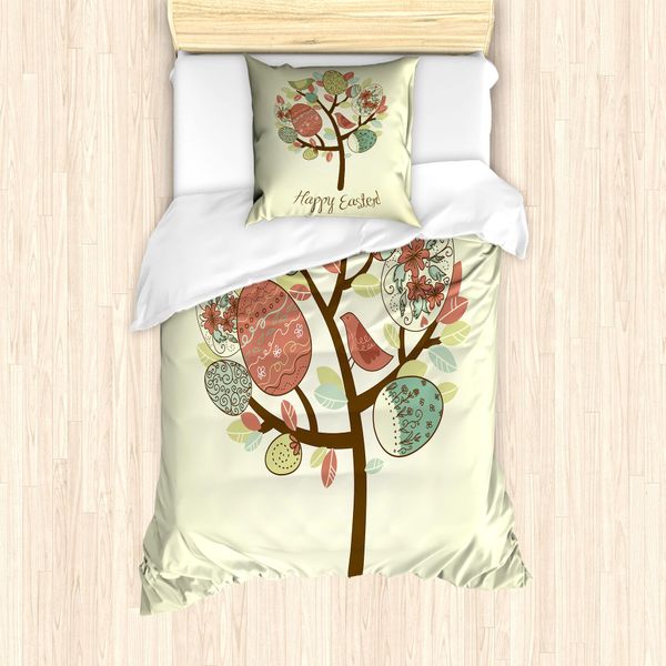Abakuhaus Set Copripiumino Pasquale Per Letti Singoli, Foglie Primaverili Vintage, Antiacaro, Adatto A Chi Soffre Di Allergie, Con Federa, 135 Cm X 200 Cm - 80 X 80 Cm, Multicolore-image