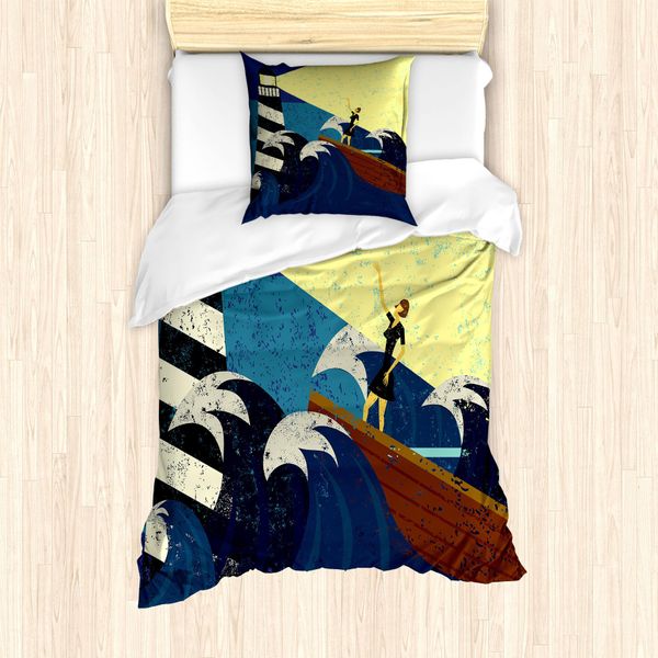 Abakuhaus Set Copripiumino Per Letti Singoli, Grunge Sea Storm, Antiacaro, Adatto A Chi Soffre Di Allergie, Con Federa, 135 Cm X 200 Cm - 80 X 80 Cm, Blu Scuro, Giallo, Marrone-image