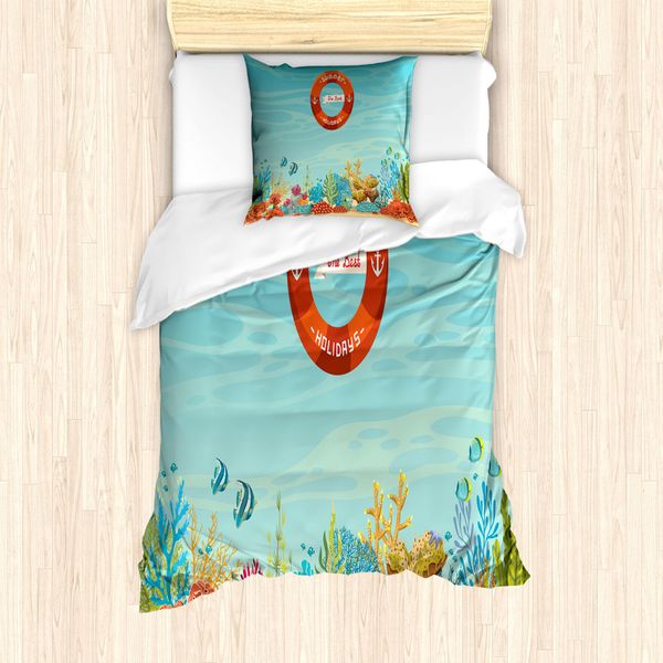 Set Copripiumino Abakuhaus Marine Per Letti Singoli, Lifebuoy Corallo, Antiacaro, Adatto A Chi Soffre Di Allergie, Con Federa, 135 Cm X 200 Cm - 80 X 80 Cm, Azzurro Pallido Arancione-image