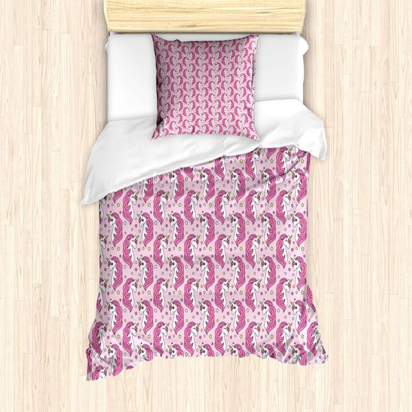 Abakuhaus Set Copripiumino Unicorn Party Per Letti Singoli, Animali Girly, Antiacaro, Adatto A Chi Soffre Di Allergie, Con Federa, 135 Cm X 200 Cm - 80 X 80 Cm, Rosa, Bianco E Giallo-image